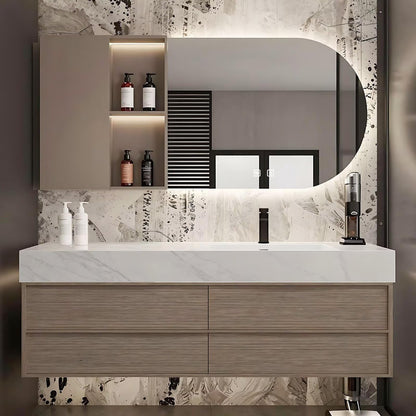 40”-72”Floating Bathroom Vanity with Asymmetrical LED Mirror & Open Shelf, Light Oak Wall Mounted Vanity with Marble Top
