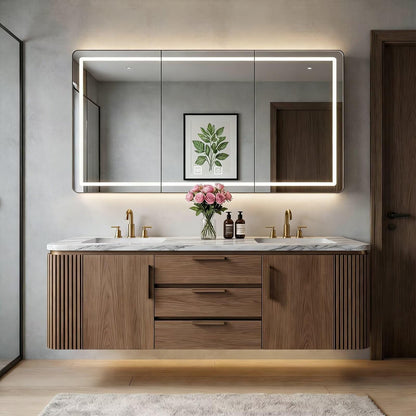 60”-84”Double Sink Floating Bathroom Vanity with LED Mirror, Light Wood Cabinet & Gold Hardware