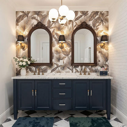 60”-96”Navy Blue Double Sink Bathroom Vanity with Marble Top & Arched Mirrors