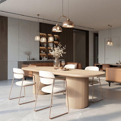 60"-80"Light Oak Oval Dining Table with Ribbed Base, Minimalist Modern Dining Table