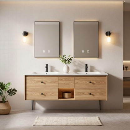 60"-84"Floating Oak Bathroom Vanity with Double Sinks & LED Mirrors