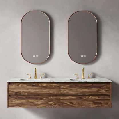60”-84”Double Sink Floating Bathroom Vanity with Marble Top & Rose Gold LED Mirrors, Wall Mounted Walnut Wood Vanity with Storage Drawers