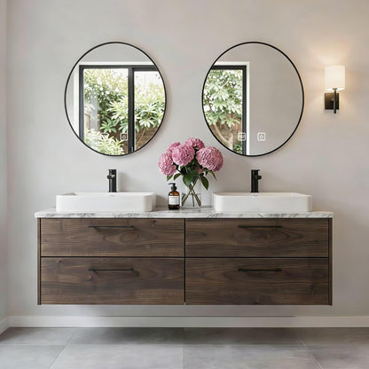 60”-84”Double Sink Floating Bathroom Vanity with Black Round Mirrors, Dark Wood Cabinet & Marble Top