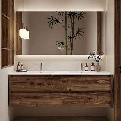 60”-84”Floating Double Sink Bathroom Vanity with LED Backlit Mirror, Wall Mounted Walnut Wood Vanity with Marble Top & Storage Drawers
