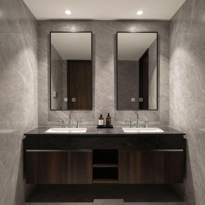 60"-84"Floating Dark Wood Bathroom Vanity with Marble Top & Dual LED Mirrors
