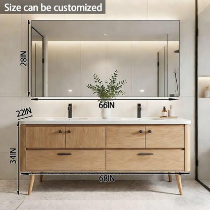 60"-84"Freestanding Oak Bathroom Vanity with Double Sinks & LED Mirror