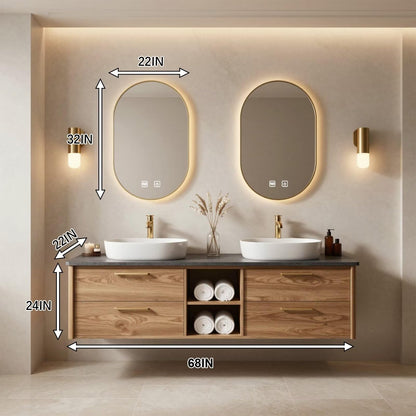 60”-96” Light Oak Floating Bathroom Vanity with Double Sinks & LED Oval Mirrors