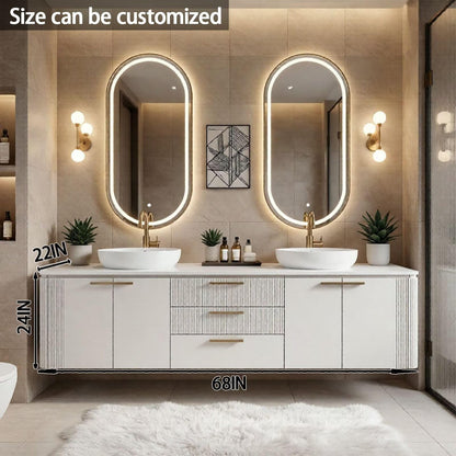 60"-84"Floating Bathroom Vanity with Double Sink, LED Oval Mirror & Reeded Cabinet Doors