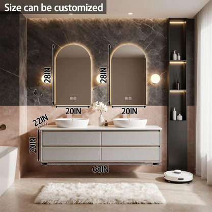 60"-84"Floating Linen Bathroom Vanity with Double Vessel Sinks & LED Arched Mirrors