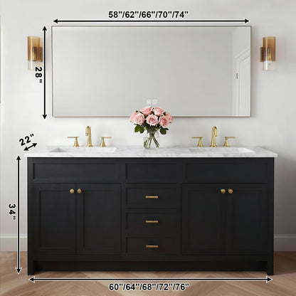 60”-96” Double Sink Freestanding Bathroom Vanity with Marble Top, Black Wood Vanity with Gold Hardware & Large Mirror, Modern Cabinet