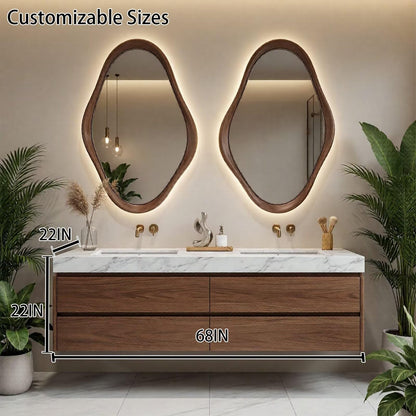 60"-96"Walnut Floating Bathroom Vanity with Irregular LED Mirrors & Marble Top