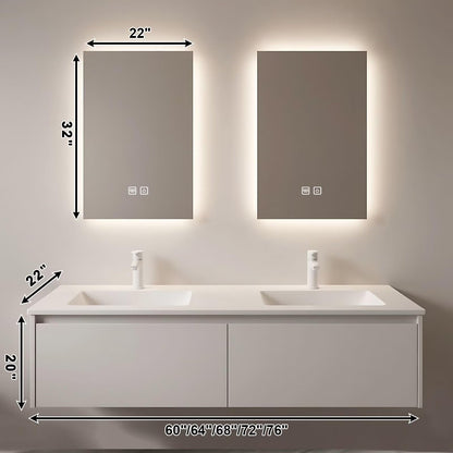 60”-84”Double Sink Floating Bathroom Vanity, All-White Modern Cabinet with Backlit LED Mirrors