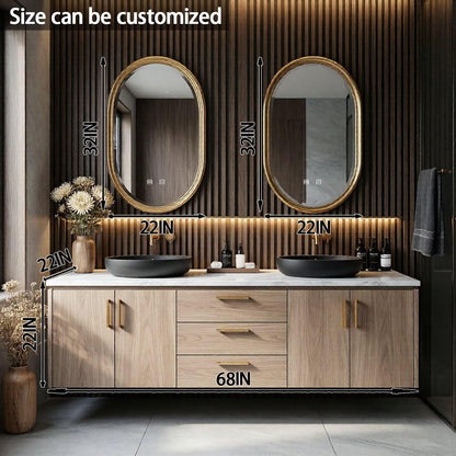 60"-84"Double Sink Bathroom Vanity, Natural Wood Cabinet with White Marble Countertop