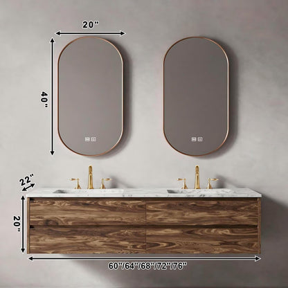 60”-84”Double Sink Floating Bathroom Vanity with Marble Top & Rose Gold LED Mirrors, Wall Mounted Walnut Wood Vanity with Storage Drawers
