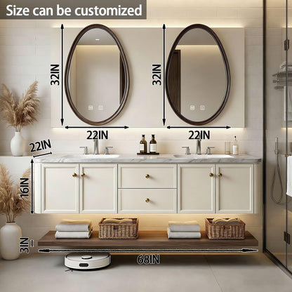60”-84” Double Sink Floating Vanity with Oval LED Mirrors, Cream Cabinet & Marble Top
