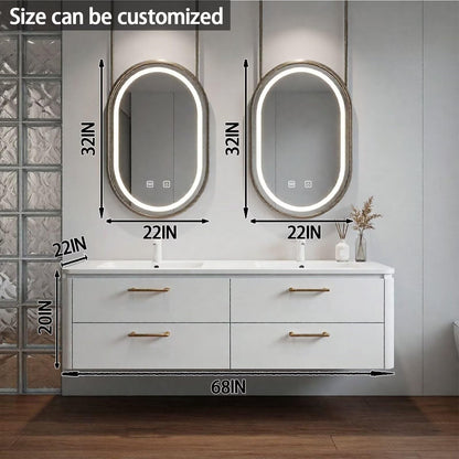 60”-84”Double Sink Floating Bathroom Vanity with LED Oval Mirrors, White Cabinet & Gold Hardware