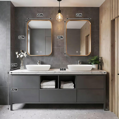 60"-96"Grey Freestanding Bathroom Vanity with Double Vessel Sinks & Gold Frame Mirrors