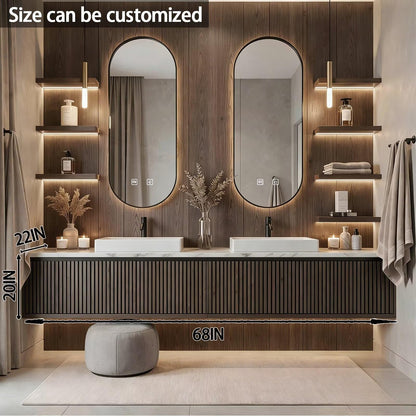 60”-84”Double Sink Floating Bathroom Vanity with LED Oval Mirrors, Dark Fluted Wood Cabinet