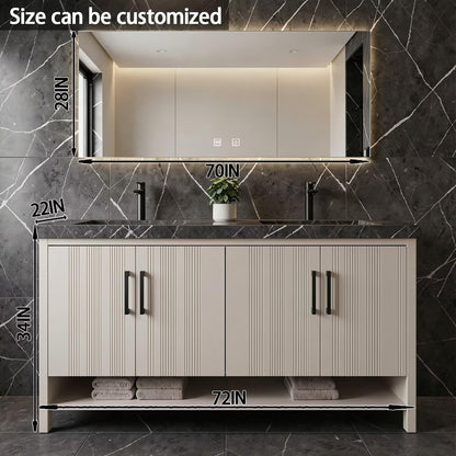 60”-78” Double Vanity, Fluted Panel Cabinet with LED Backlit Mirror, Light Gray