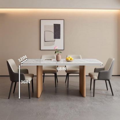 60"-80"Modern White Marble Dining Table Set with 4 Upholstered Chairs, Wood Legs