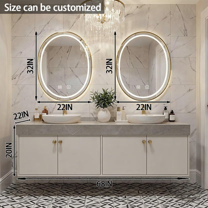 60"-84"Floating Beige Bathroom Vanity with Double Vessel Sinks & LED Round Mirrors