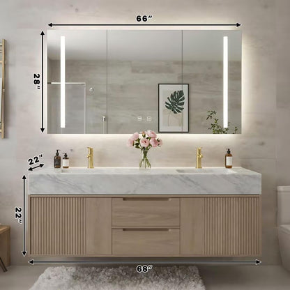 60"-84"Modern Light Oak Floating Bathroom Vanity with Double Sinks & Marble Top