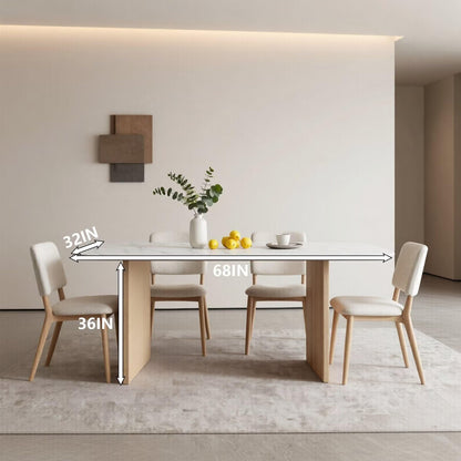 60"-80"White Marble Dining Table with Light Wood Base, Minimalist Rectangular Kitchen Table