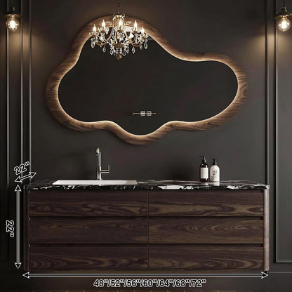 48”-72”Irregular Cloud LED Mirror with Wood Frame, Wall Mounted Lighted Vanity Mirror for Bathroom, Dimmable