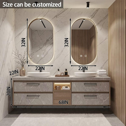 60"-84"Light Wood Bathroom Vanity with Double Vessel Sinks & Gold Framed LED Mirrors