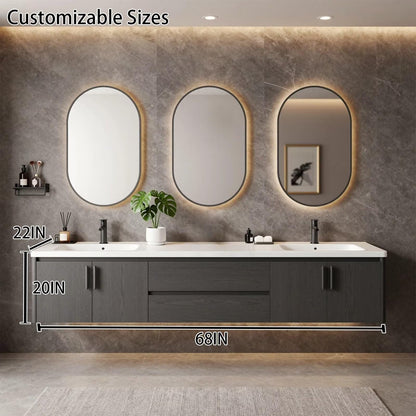 60"-96"Dark Gray Floating Bathroom Vanity with Double Sinks & LED Oval Mirrors