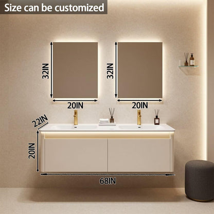 60"-84"Cream Floating Bathroom Vanity with Double Sinks & LED Backlit Mirrors