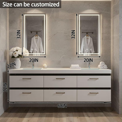 60”-84”Double Sink Floating Bathroom Vanity with LED Rectangular Mirrors, White Modern Cabinet