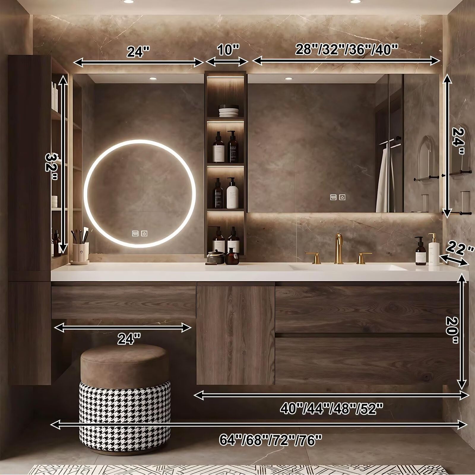 64”-88”Single Sink Floating Bathroom Vanity, Dark Wood Cabinet with Round LED Mirror