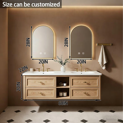 60”-84”Double Sink Floating Bathroom Vanity with Gold Arch LED Mirrors, Light Oak Cabinet