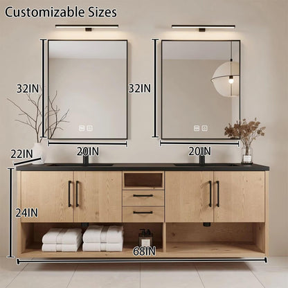 60"-96"Light Oak Bathroom Vanity with Black Countertop, Double Sinks & LED Mirrors