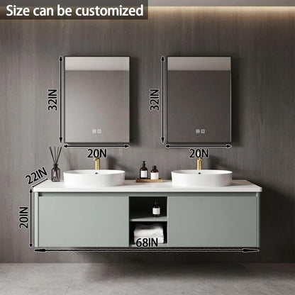 60”-84”Double Sink Floating Bathroom Vanity with LED Mirrors, Light Gray Cabinet & White Stone Top