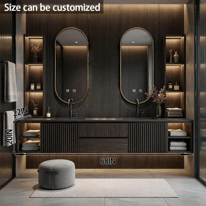 60"-84"Floating Dark Wood Bathroom Vanity with Double Sinks & LED Oval Mirrors