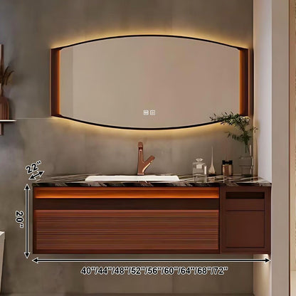 40”-72” Floating Bathroom Vanity with Curved LED Defog Mirror, Wall Mounted Walnut Vanity with Marble Top & Storage Drawers