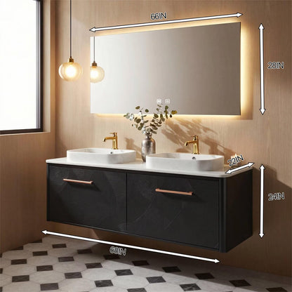 60”-96”Floating Black Bathroom Vanity with Double Sinks, Marble Top & LED Mirror