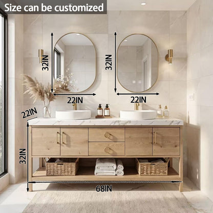 64"-96"Modern Farmhouse Bathroom Vanity Set with Open Shelf & Double Vessel Sinks