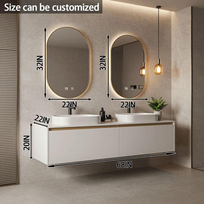 60”-78”Double Vanity, White Floating Cabinet with Gold Trim Oval LED Mirrors