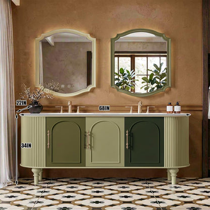 60"-96"Vintage Green Floating Vanity with Double Basins, Storage & Brass Hardware