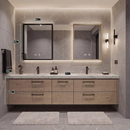 60”-96”Natural Wood Bathroom Vanity with Double Sinks & 6 Drawer Storage