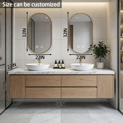 60"-84"Floating Oak Bathroom Vanity with Marble Top & Oval Gold LED Mirrors