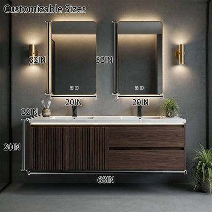 60"-96"Dark Walnut Floating Bathroom Vanity with Fluted Doors & LED Mirrors