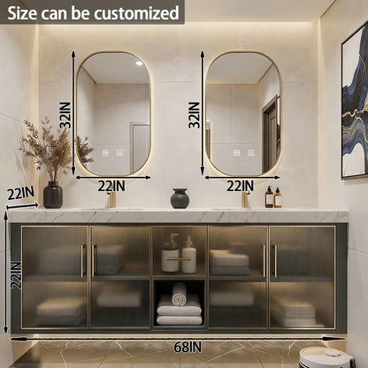 60"-84"Modern Floating Bathroom Vanity Set with Marble Top & Glass Cabinets