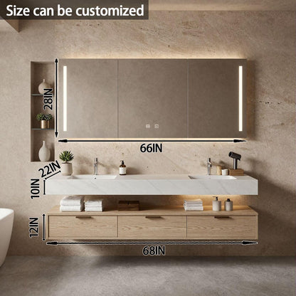 60"-84"Modern Light Wood Bathroom Vanity with Open Shelf & Smart LED Mirror Cabinet