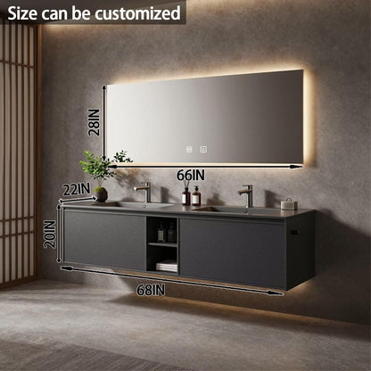 60”-84”Double Sink Floating Bathroom Vanity with LED Backlit Mirror, Dark Gray Textured Cabinet
