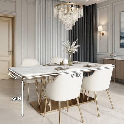 60"-80"Luxury Rectangular Dining Table, White Marble Top with Sleek Gold Metal Legs