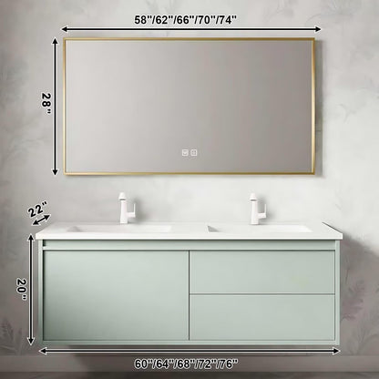 60”-84”Double Sink Floating Bathroom Vanity, Sage Green Cabinet with Gold Framed LED Mirror